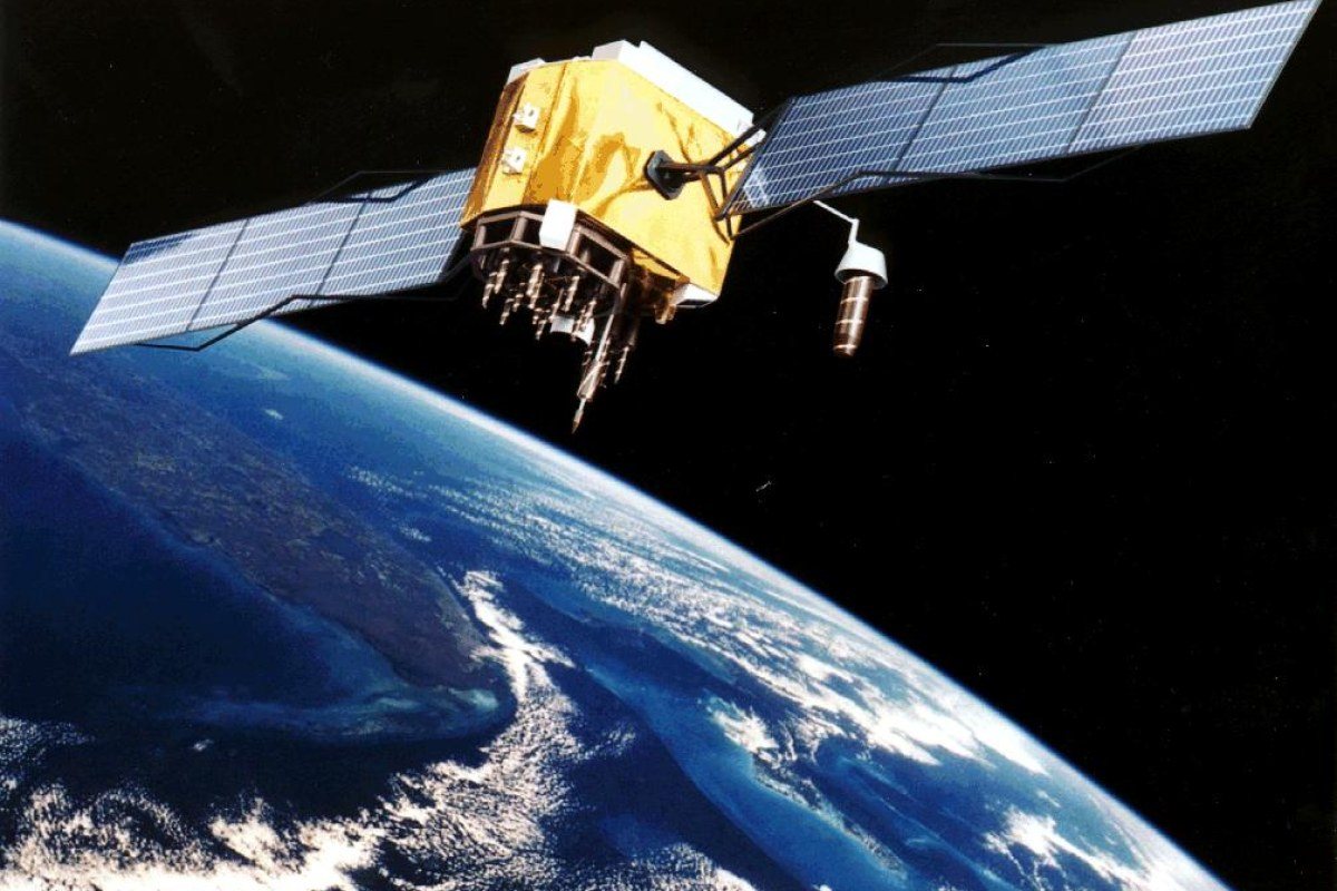 An illustration of a GPS navigation satellite in orbit above the Earth.