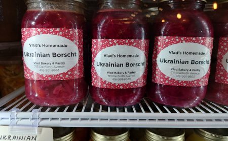 A bowl of red Ukrainian borscht served with sour cream and bread.