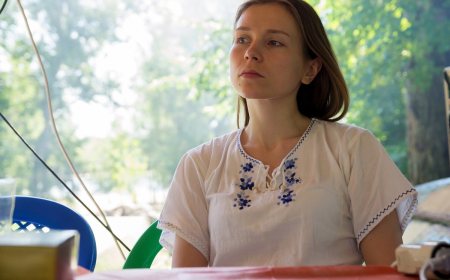 A traditional Ukrainian vyshyvanka shirt with colourful embroidery on the sleeves and collar.