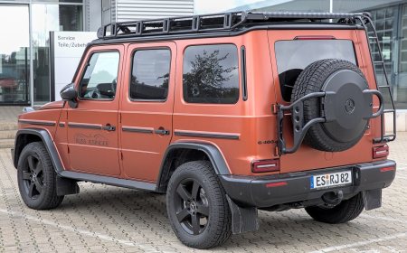 A boxy Mercedes-Benz G-Class off-road vehicle with round headlights.