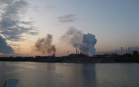 Chimneys and buildings of the Zaporizhstal steel plant in Zaporizhzhia.