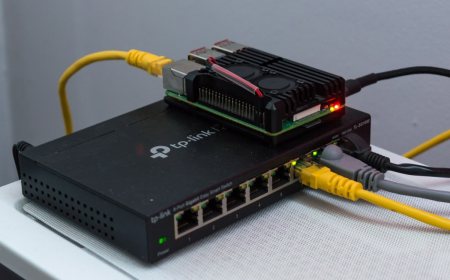 A network switch with many ethernet cables plugged into its ports.