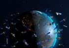 A visualisation of many small satellites orbiting the Earth in a constellation.