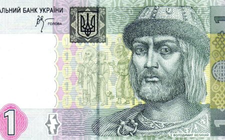 A selection of Ukrainian hryvnia banknotes of different denominations.
